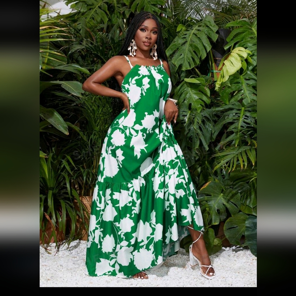 Slayr Summer Vacation Thin Suspender A-Hem Maxi Dress Green Plant All-Over